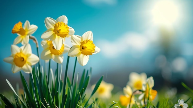 Los narcisos soleados se balancean en una suave brisa en un radiante día de primavera