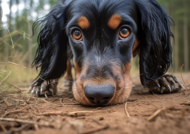 La nariz inquisitiva de un Gordon Setter olfateando el suelo durante un paseo