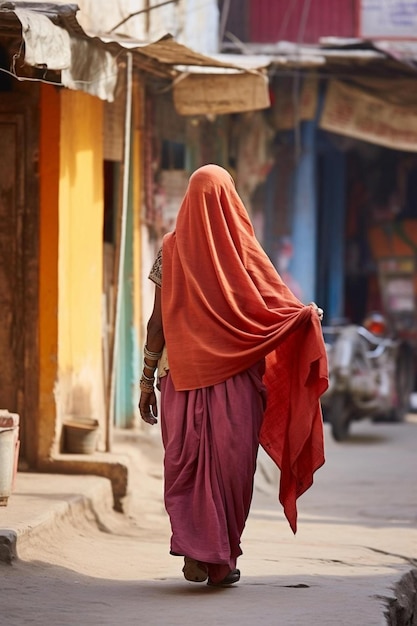 Narlai India febrero una anciana hindú india en ropa tradicional sari caminando por el