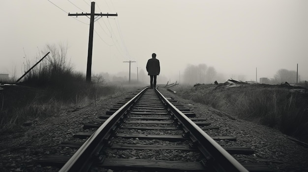 Narración emocional Un tipo caminando por las vías del ferrocarril en la niebla