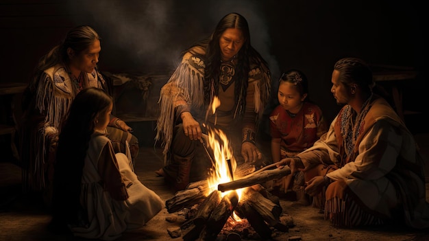 Narradores nativos americanos compartiendo leyendas junto a un fuego