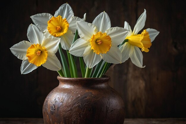 Narzissen, die in einer rustikalen Vase angeordnet sind, bringen einen Touch des Frühlings ins Innere