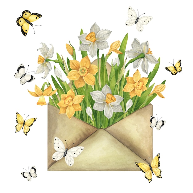 Narzissen in einem Umschlag fliegende Schmetterlinge Bouquet Frühlings Aquarell Vintage-Illustration