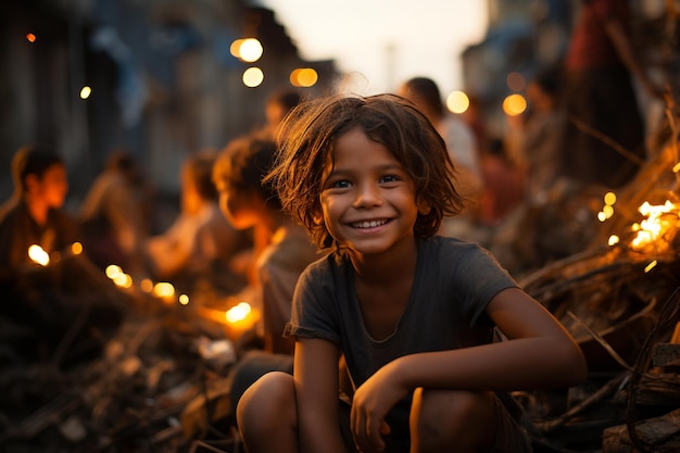 Nas favelas, as crianças sentavam-se e praticavam o seu riso cheio de esperança.
