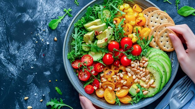 Nas mãos de uma jovem mulher está uma tigela com uma salada de tomates frescos, abacate e pimenta amarela.