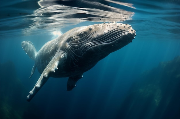 Nas profundezas azuis, uma jovem baleia jubarte alegre performance aquática