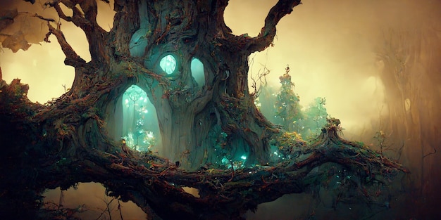 Nas profundezas de uma floresta distante, escondida e misteriosa fica uma encantadora árvore de fadas dentro de um velho carvalho