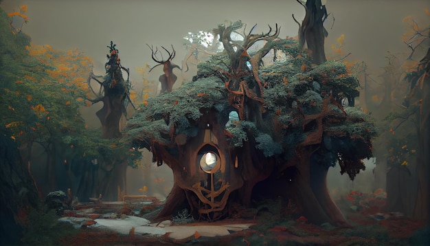 Nas profundezas de uma floresta distante, escondida e misteriosa fica uma encantadora árvore de fadas dentro de um velho carvalho