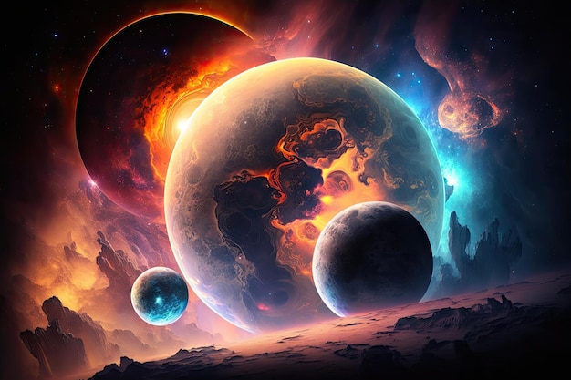 La NASA proporcionó los componentes para esta imagen Planetas sobre una nebulosa resplandeciente
