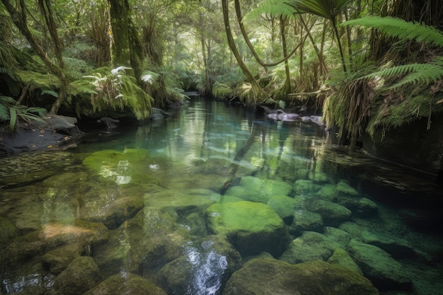 Nascentes da floresta com água fresca e límpida e vegetação exuberante criada com IA generativa