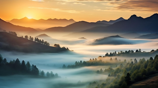 Nascer do sol colorido AI generativo na encosta da montanha arborizada com neblina