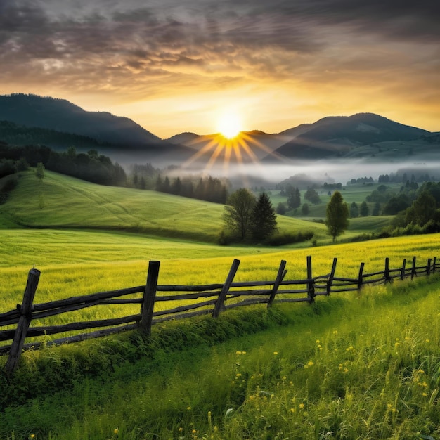 Nascer do sol contra o fundo de um campo com grama