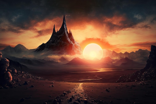 Nascer do sol da terra de Mordor com o sol nascendo no horizonte