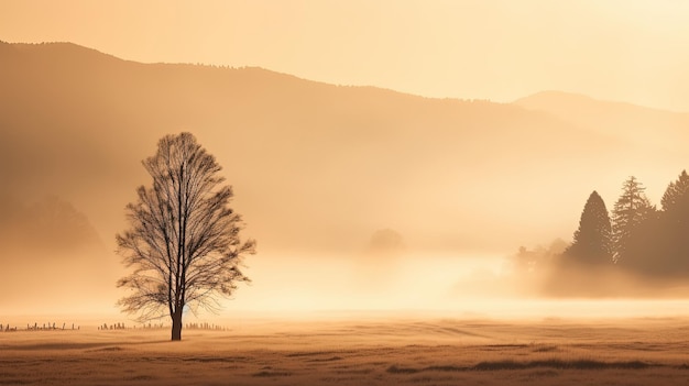 Nascer do sol do outono no prado esloveno enevoado e sereno com árvores nuas grama seca e ninguém à vista conceito de silhueta