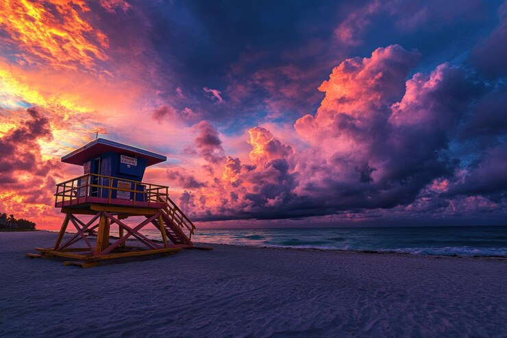 Foto nascer do sol em south beach, miami, com torre de salva-vidas e céu colorido