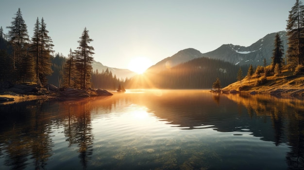 Nascer do sol em um lago de montanha cercado por montanhas e florestas