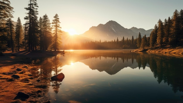 Nascer do sol em um lago de montanha cercado por montanhas e florestas