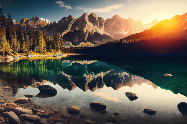 Nascer do sol impressionante do verão no lago Eibsee com a cordilheira Zugspitze Generative Ai