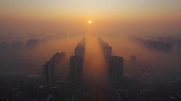 Foto nascer do sol na cidade em meio à poluição do ar conceito nascer do sol na cidade poluição do ar pela manhã impacto ambiental do ambiente urbano