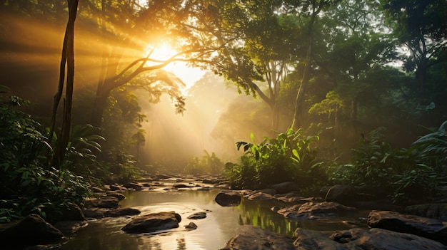 Nascer do sol na densa floresta tropical panorâmica bali Indonésia