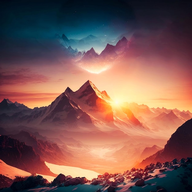Nascer do sol na montanha lindo cenário natural sol no meio de nuvens névoa nebulosa paisagem de gelo