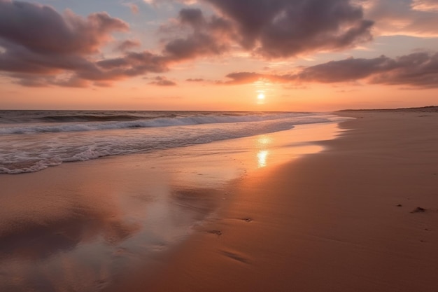 Nascer do sol na praia com ondas de luz e algumas nuvens