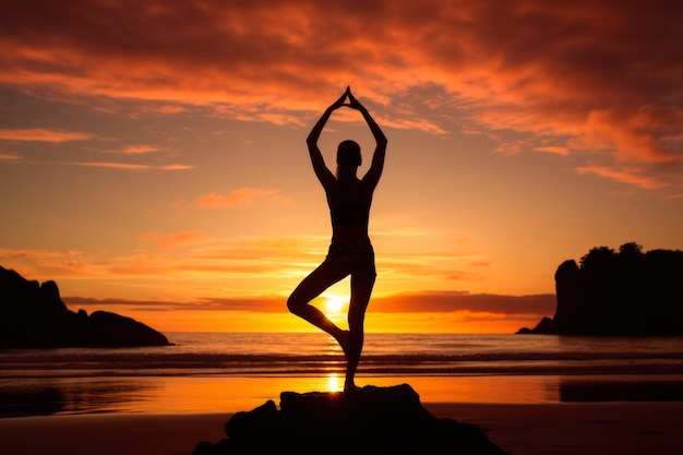 Nascer do sol na praia com prática de yoga