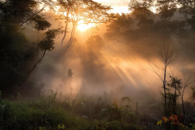 Nascer do sol na selva esfumaçada com raios coloridos de luz rompendo a névoa matinal