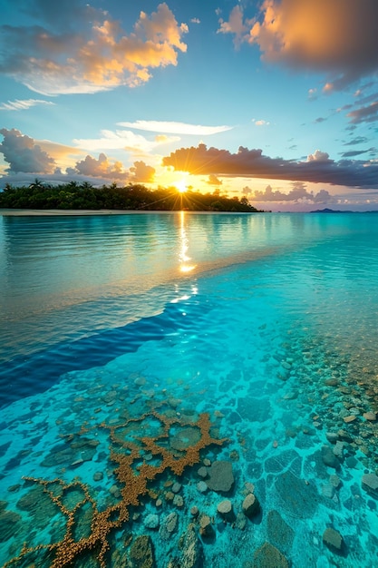 Nascer do sol nas Ilhas Salomão areia turquesa Em primeiro plano a água Inspirado pelo Nacional