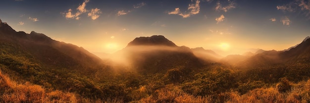 Nascer do sol nas montanhas bela paisagem O nevoeiro da manhã flui pelas encostas das montanhas Panorama dos picos das montanhas e cumes ilustração 3d