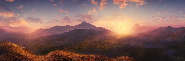 Nascer do sol nas montanhas bela paisagem O nevoeiro da manhã flui pelas encostas das montanhas Panorama dos picos das montanhas e cumes ilustração 3d