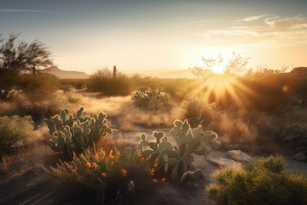 Nascer do sol no deserto com cactos e outras floras visíveis em primeiro plano criado com ai generativo