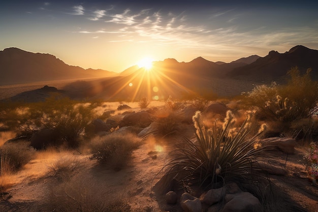 Nascer do sol no deserto com montanhas majestosas ao fundo