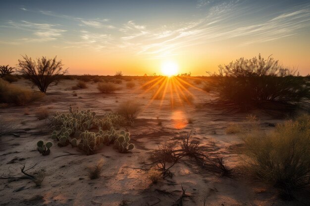 Nascer do sol no deserto com o sol espreitando acima do horizonte lançando um brilho quente na paisagem seca