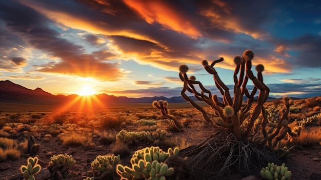 Nascer do sol no deserto sudoeste com a majestosa paisagem do Colorado e o cacto Cholla em primeiro plano