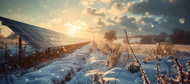 Foto nascer do sol no inverno em uma fazenda solar coberta de neve geração de energia ecológica bela paisagem com tecnologia recursos renováveis em um dia frio ai