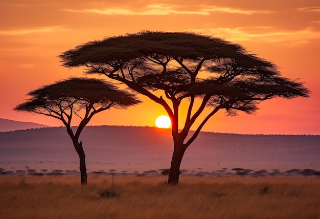 Nascer do sol no Maasai Mara Kenya com a silhueta de uma árvore