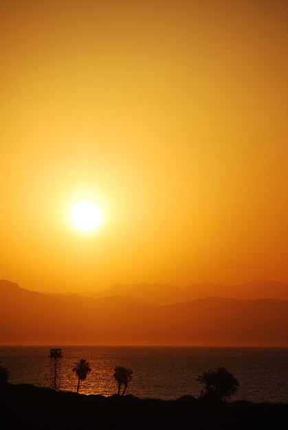 Foto nascer do sol no mar com palmeiras e montanhas