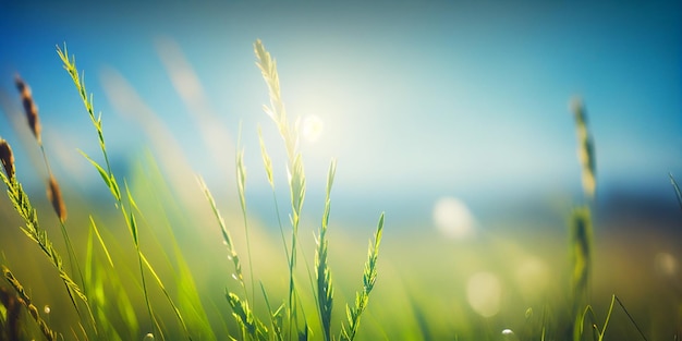 Nascer do sol no prado turvo da montanha com muitas flores em dia ensolarado na floresta fechada com IA geradora de espaço