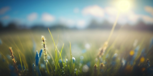 Nascer do sol no prado turvo da montanha com muitas flores em dia ensolarado na floresta fechada com IA geradora de espaço