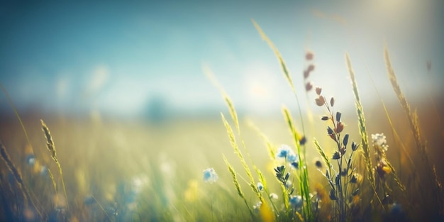 Nascer do sol no prado turvo da montanha com muitas flores em dia ensolarado na floresta fechada com IA geradora de espaço