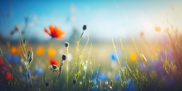 Nascer do sol no prado turvo da montanha com muitas flores em dia ensolarado na floresta fechada com IA geradora de espaço