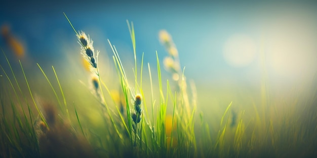 Nascer do sol no prado turvo da montanha com muitas flores em dia ensolarado na floresta fechada com IA geradora de espaço