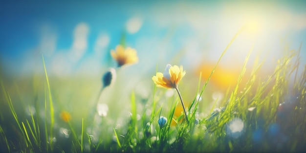 Nascer do sol no prado turvo da montanha com muitas flores em dia ensolarado na floresta fechada com IA geradora de espaço