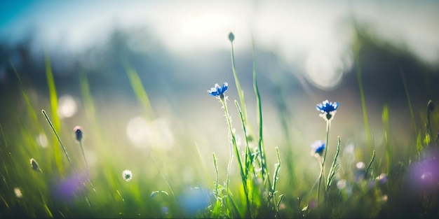 Nascer do sol no prado turvo da montanha com muitas flores em dia ensolarado na floresta fechada com IA geradora de espaço