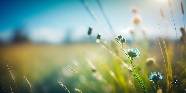 Nascer do sol no prado turvo da montanha com muitas flores em dia ensolarado na floresta fechada com IA geradora de espaço