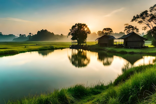 Nascer do sol nos campos de arroz