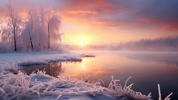 Nascer do sol num dia de inverno gelado o caloroso brilho do nascer do sol no inverno