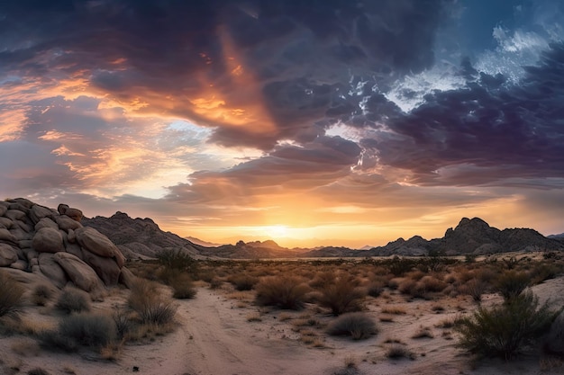 Nascer do sol panorâmico sobre a paisagem do deserto com nuvens dramáticas e céu