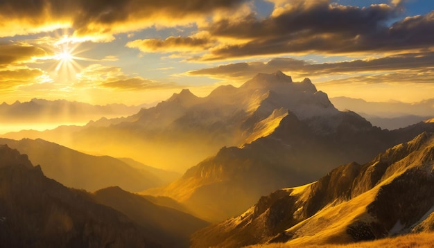 Foto nascer do sol sereno sobre picos majestosos, um panorama tranquilo da montanha